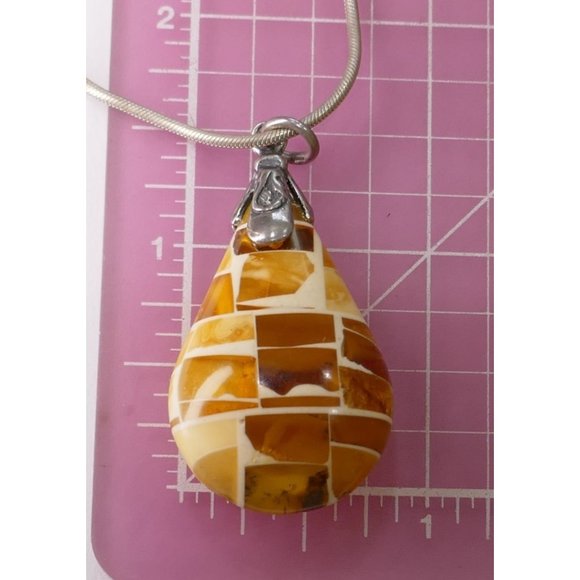 Mosaic Amber Pendant With Embedded Insects Sterling Silver On Sterling Chain - Picture 2 of 13